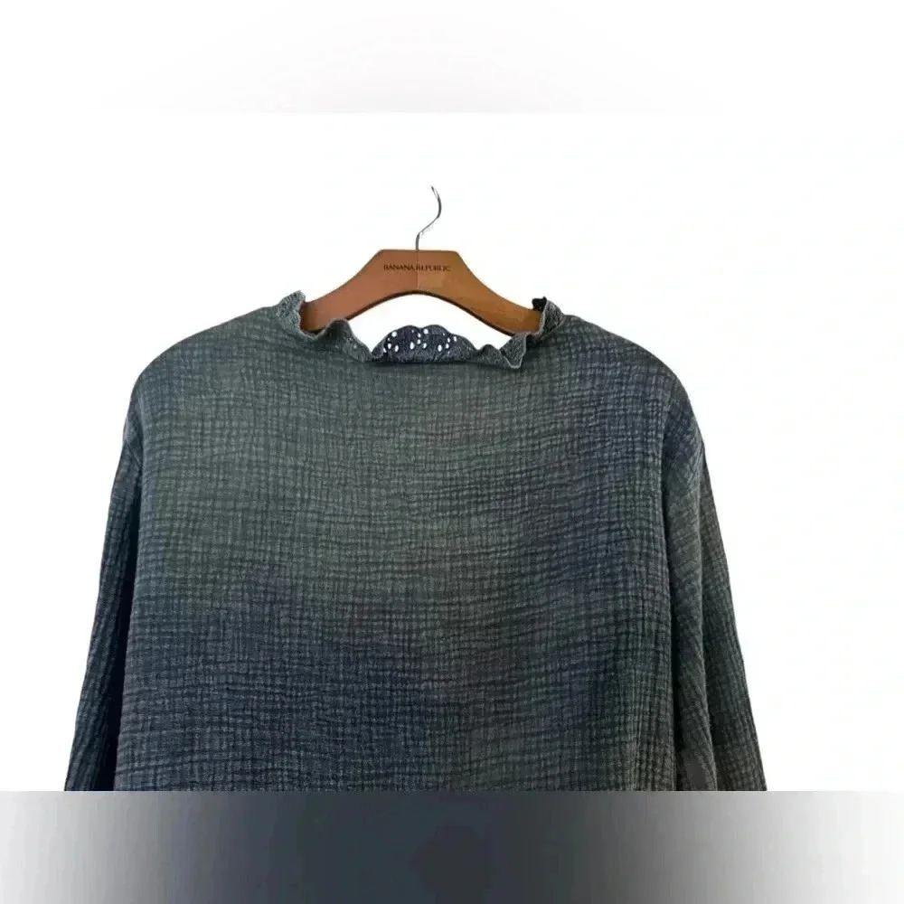 MAZIK Charcoal Gray Eyelet Ruffle Button Down Long Sleeve Tunic Shirt